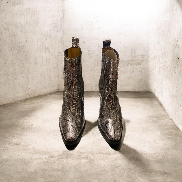 Ganni Shoes - Ganni Metallic Snake-Embossed Ankle Boots - Silver Brown